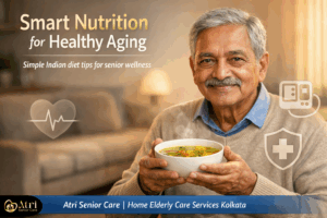 Indian senior eating healthy food supported by home elderly care services